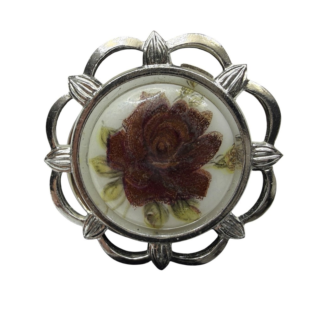 Vintage Western Germany Red Rose Floral Brooch Pin Silver Tone Metal White